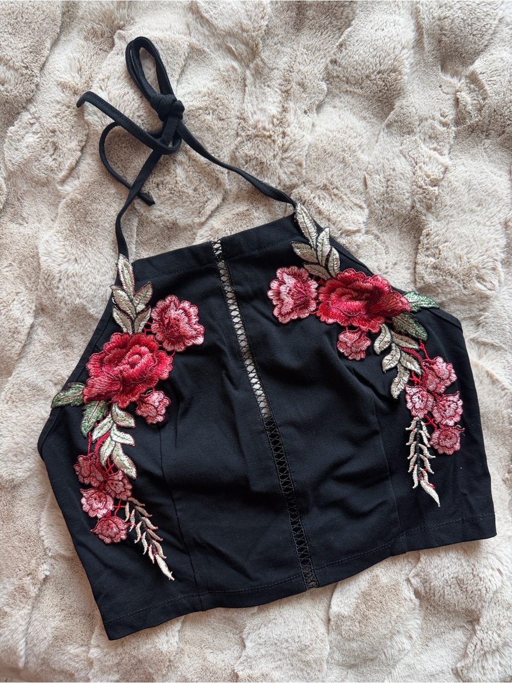 Forever 21 Black Floral Embroidered Halter Crop Top - L